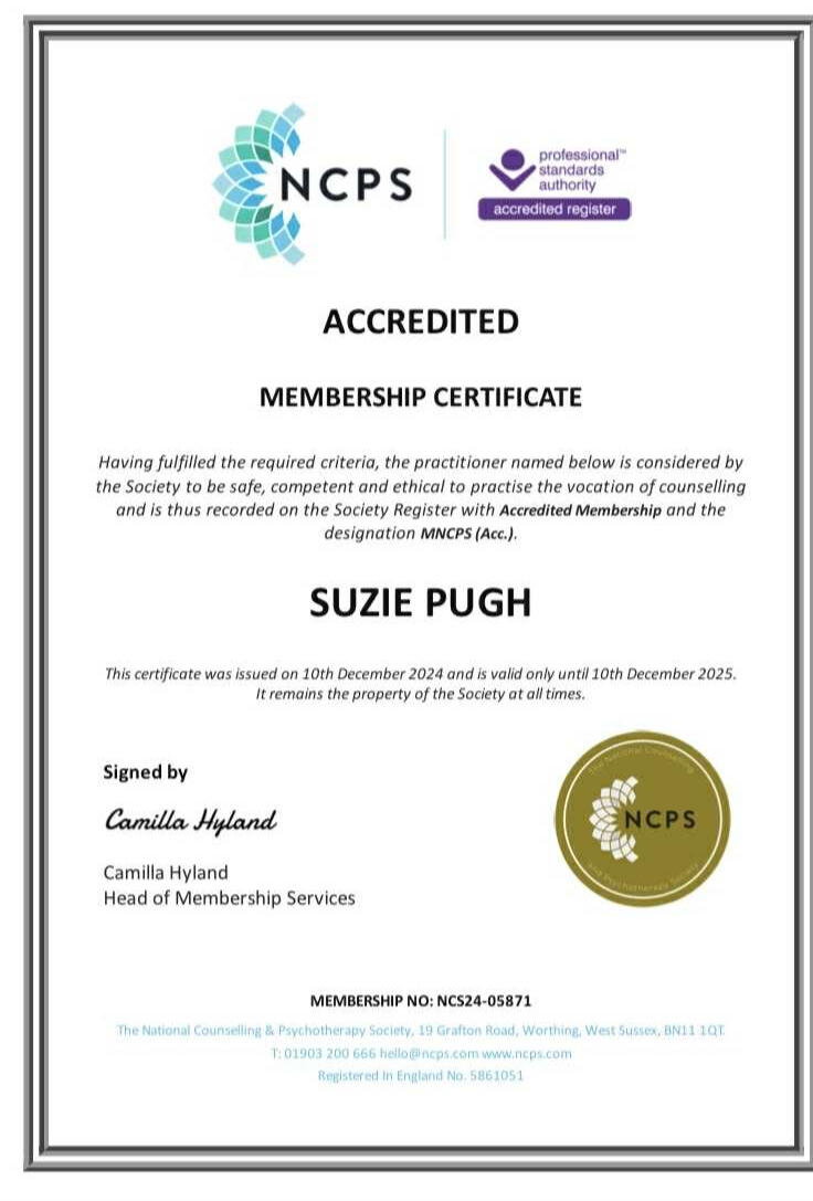 NCPS membership certificate for Suzie Pugh, accredited counsellor, CBT therapist.