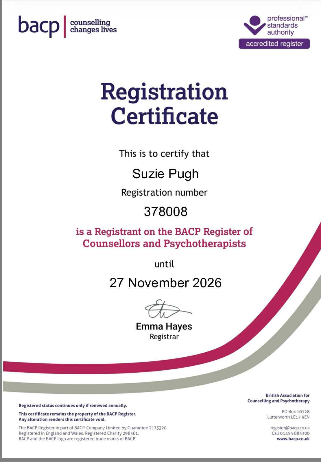 BACP membership certificate for Suzie Pugh, registered counsellor, CBT therapist and attachment-focused psychotherapist